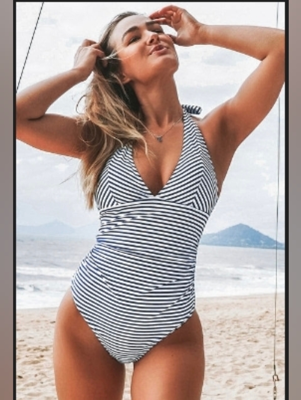 Cupshe Navy & White Striped Halter One-Piece Swimsuit